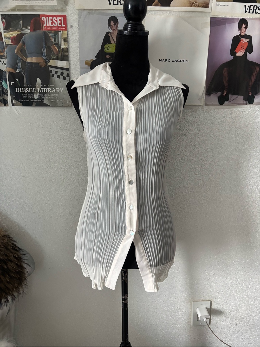 Fancy Lady Sleeveless Pleated Button-Down Top